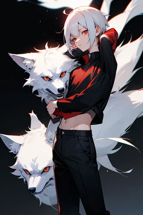 Man, wolf cut style hair, white hair, red eyes, wearing black casual clothes, black trousers, natural background