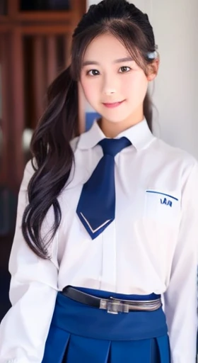 thai girl, ponytail, convent, white shirt, long sleeves, loose necktie, navy blue  skirt, black belt, look at viewer,