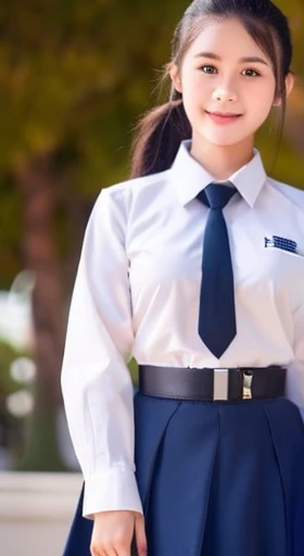 Thai girl, ponytail, convent, white shirt, long sleeves, loose necktie, big bearst, navy blue long skirt, black belt, look at viewer,