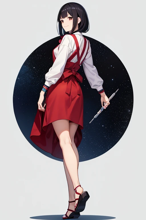 Anime Art、Full body portrait、Servant of Space Science Fiction、A Japanese woman, about 150cm tall, about 18 years old, wearing a red apron, walking and looking back、Smiling、Medium length black hair、Sandals