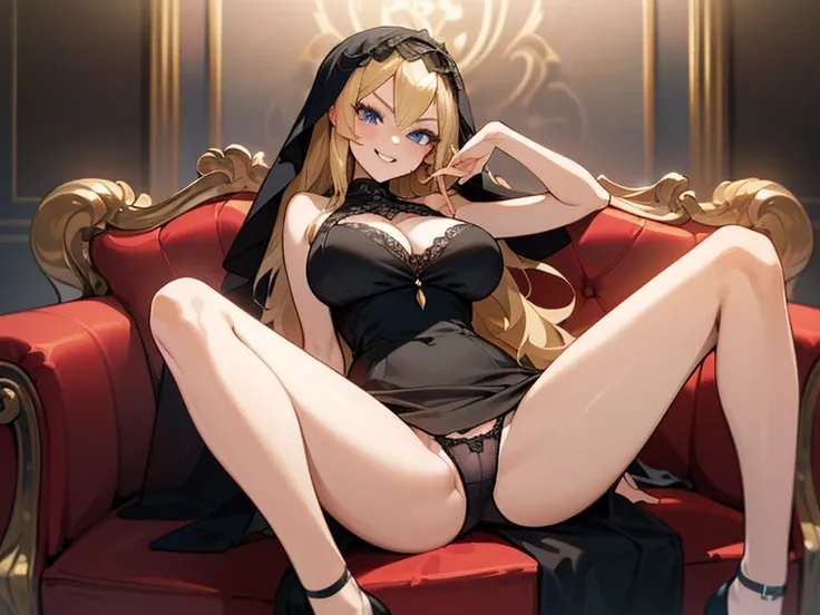 1 Anime Girl, ((((solo)))), (((Black Dress))), (((Sitting on a red couch))), (((blond hair))) (Long Hair), (((blue eyes)))), ((sexy pose)))), (((mischievous smile)))),  ((((showing the panties)))), (((open legs))), ((large breasts)), ((((veil on the head))...