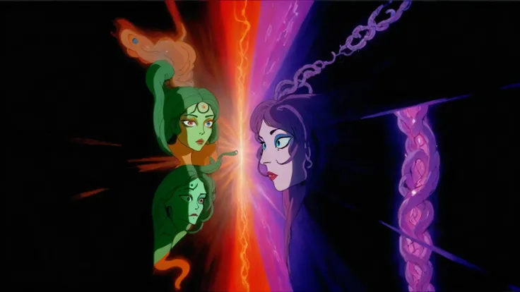 Daria and Jane portraying Medusa and Euryale (style reference Daria animated 1997, Medusa), existential crisis, floating through the ether, ethereal floatation disembodied consciousness  humanity and the artificial and alien intelligences, stargate (wormho...