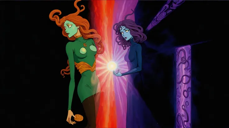 Daria and Jane portraying Medusa and Euryale (style reference Daria animated 1997, Medusa), existential crisis, floating through the ether, ethereal floatation disembodied consciousness humanity and the artificial and alien intelligences, stargate (wormhol...