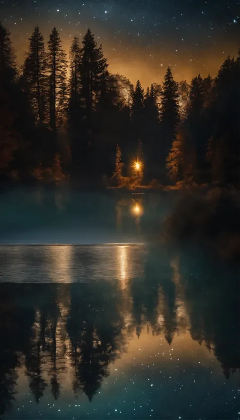  Hyper realistic photograph for news media of a tranquil lake reflecting countless stars in the night sky, with the lake surface as flat as a mirror, appearing as a gateway leading into a universe sprinkled with stars, , Dreamy photo, these photographs tak...