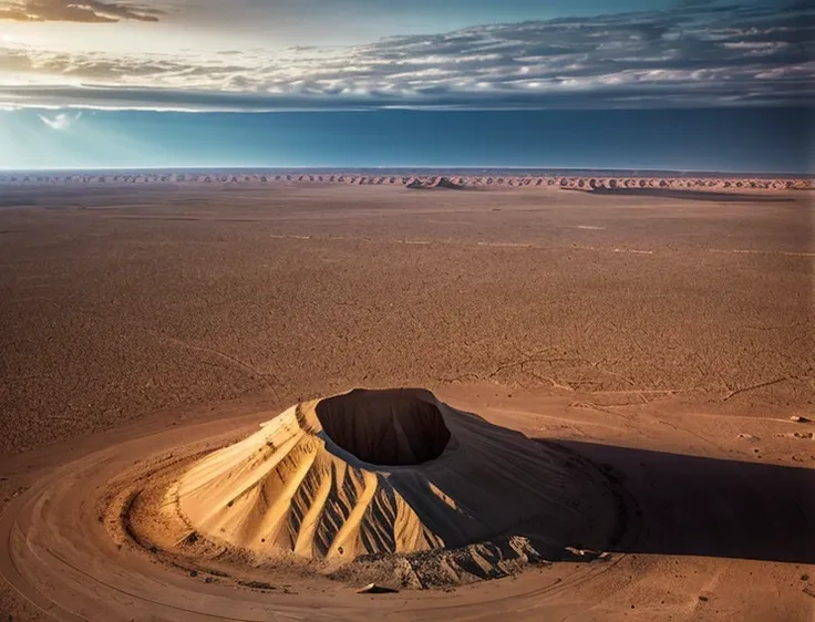 A desert with tornadoes and a very large, transparent head emerging from the horizon that swallows the tornadoes