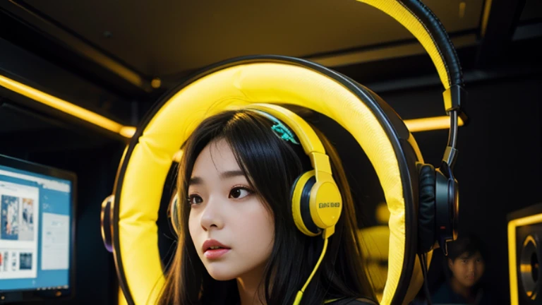 4K,beautiful women,headphone,SF,Illustration, science fiction artwork,yellow neon,gaming