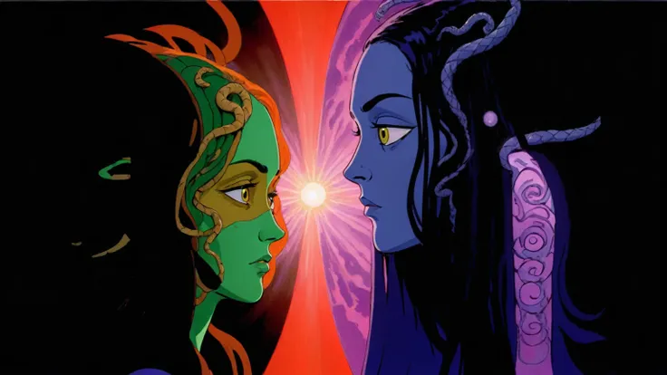 Daria and Jane portraying Medusa and Euryale (style reference Daria animated 1997, Medusa), existential crisis, floating through the ether, ethereal floatation disembodied consciousness humanity and the artificial and alien intelligences, stargate (wormhol...