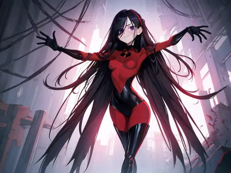 (full body),masterpiece, highest quality, One girl, Violet Par, mask, Long Hair, Black Hair,  Hair on one eye,  (Red hero suit)，Red bodysuit，black elbow gloves，Black Thigh Boots，Thick thighs，Squat，Spread your legs，Raise your arms back， View your viewers, s...