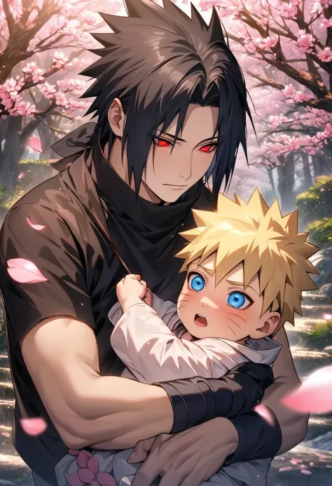 absurdres, highres, ultra detailed, HDR, master piece, best quality, extremely detailed face and eyes, Uchiha Sasuke, expressive red eyes, black hair, Naruto Shippuden, Uzumaki Naruto, blond hair, expressive blue eyes, two men together, gay couple, holding...