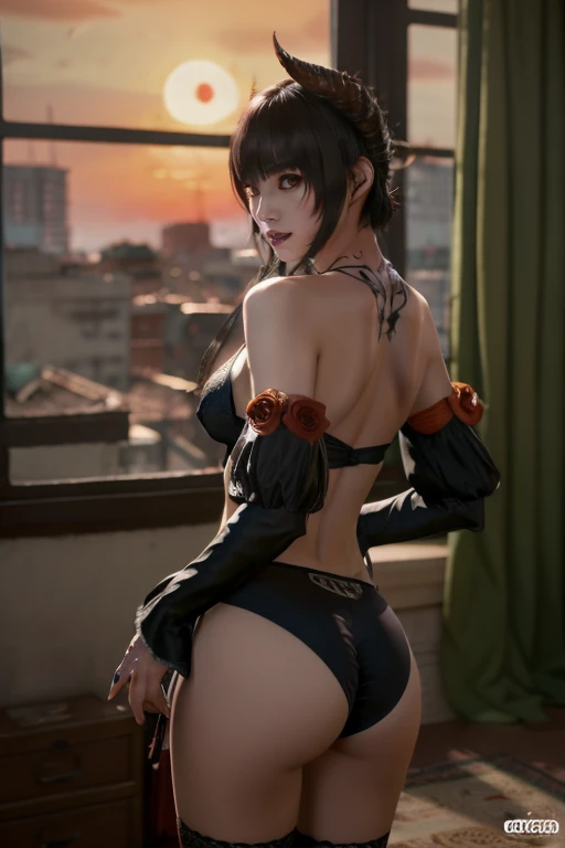 Eliza from Tekken, in a black bra with a blouse falling over her shoulders, sexy black panties, looking to the side, sensual look, in a doggy style position sticking her butt out, soft orange light over the room at dusk