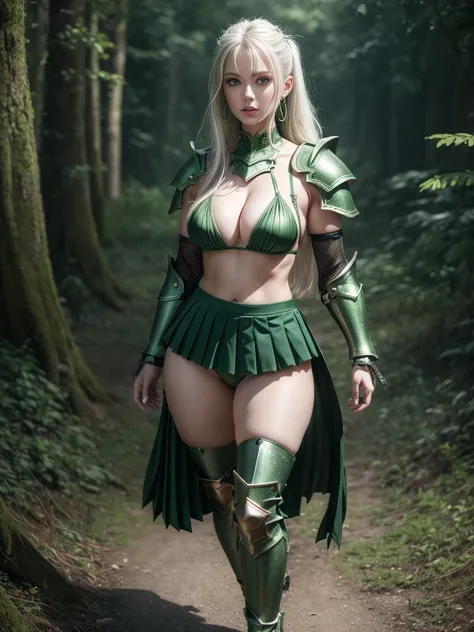 8k, RAW Portrait ,masterpiece、Realistic:1.2、Realistic, Ultra-high resolution, highest quality, Real Life Photos ,( in the evening :1.1), ((((1 female:1.5))))、(Cute face:1.3), Voluptuous, Busty White-Haired Female Knight in ((Dragon Themed green metal bikin...