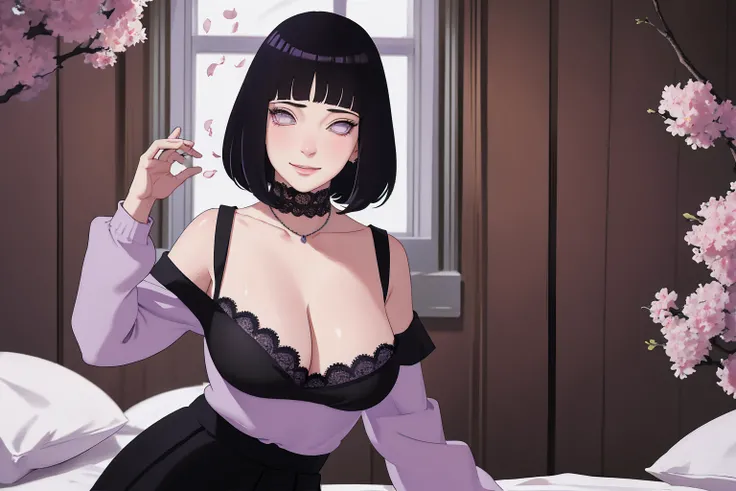 { - anatomy error} (Masterpiece - Ultra-detailed, very high resolution) (huge titusty, masterpiece, absurdres, hinata(boruto), 1girl, solo,mature female, off-shoulder bra, high waist black short skirt, looking at viewelling petals), perfect composition, de...