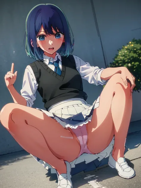 Beautiful lighting, One Girl, solo, Akane, White shirt, (((skirt)))，Sweater vest, Black vest, Blue tie, ((Anime Style))、((2D))、Laughter、Open your mouth、Look forward，((Cotton panties with crotch))，(((skirtめくり, I can see your pants)))，Spread your legs，Spread...