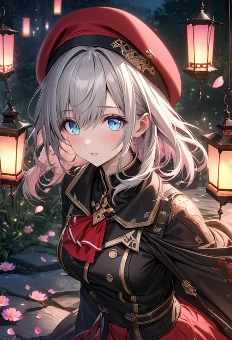 Ultra detailed, highres, absurdres, HDR, Alisa Ilinichina Amiella, silver hair, blue expressive eyes, God eater, pink flowers, petals, fireflies, lanterns, pink moon, woman, extremely beautiful, very detailed face and eyes, red skirt, black coat, red beret...