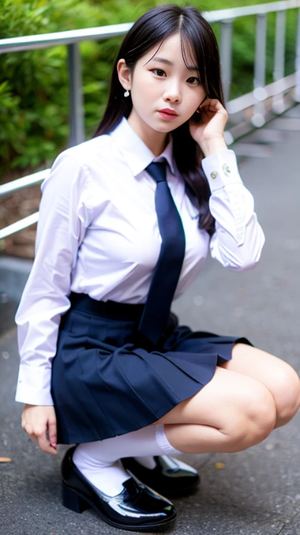 Thai, white collared shirt, Long sleeve shirt,  necktie, pleated skirt, dark blue long skirt, white socks, black loafers,   Thighs look good, squatting down, open leg to side, showing her panties