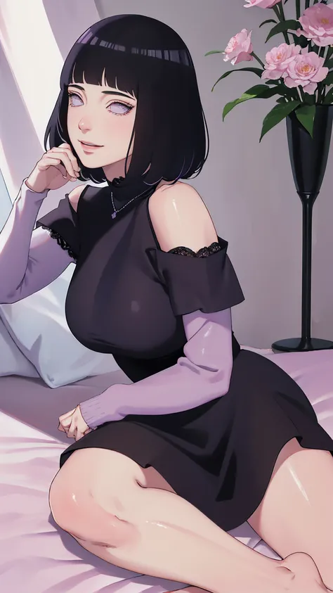 { - anatomy error} (Masterpiece - Ultra-detailed, very high resolution) (huge titusty, masterpiece, absurdres, hinata(boruto), 1girl, solo,mature female, off-shoulder bra, high waist black short skirt, looking at viewelling petals), perfect composition, de...