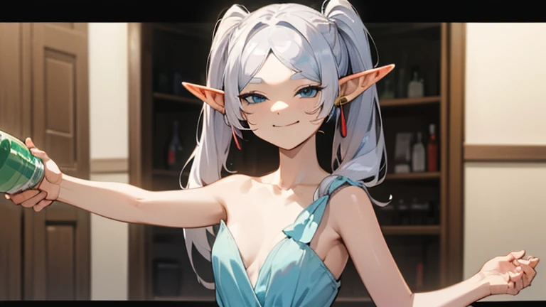 (1 girl),(((pointy ears))),((twintails)),((earrings)),jewelry,(((solo))),(((smile))),towel,(((long hair))),(((,elf girl))),((((f...