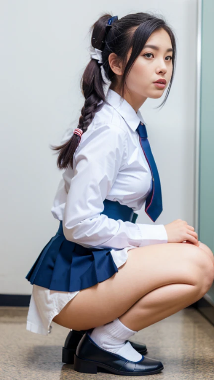 Thai, ponytail, white collared shirt, Long sleeve shirt,  necktie, pleated skirt, dark blue long skirt, white socks, black loafers,   Thighs look good, squatting down, open leg to side, showing her panties, white panties, panties shot