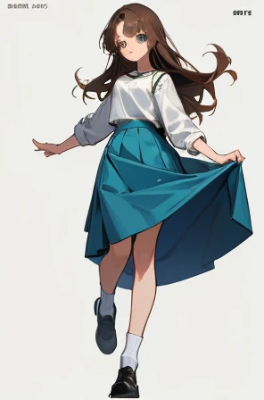 a female student, description: long brown hair, green eyes, 1.50 cm tall, 15 years old, wearing: white shirt, blue skirt, black shoes and white socks.