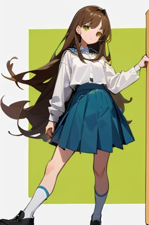 a female student, description: long brown hair, green eyes, 1.50 cm tall, 15 years old, wearing: white shirt, blue skirt, black shoes and white socks.