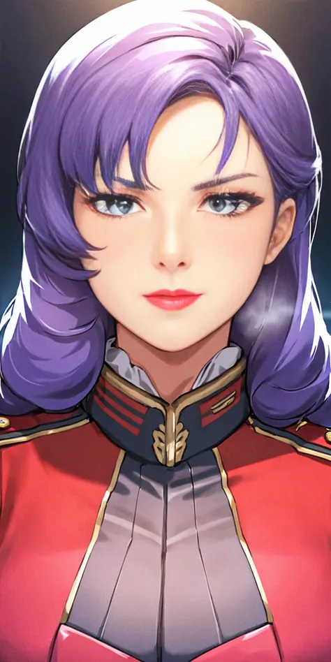 red uniform,pink military uniform, purple hair ,blue eyes,lipstick, long hair, 1 girl, 20yo,Young female,Beautiful Finger,Beautiful long legs,Beautiful body,Beautiful Nose,Beautiful character design, perfect eyes, perfect face,expressive eyes, looking at v...