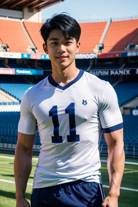 1 man, smile, (Wearing a white and navy blue, round neck, short sleeve football shirt.), Navy Cargo Pants, Young Korean , Korean Men, (High shadow detail), Pectoral muscles, Big arm muscles, blood vessel, Big muscles, Wide shoulders, looking at the audienc...