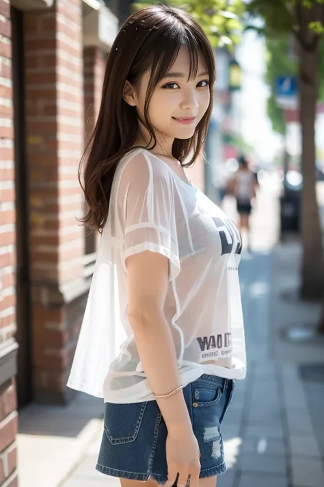 ((from side)),sheer and see throw Tshirts,(long oversized Tshirts:1.3),flare short sleeves,wide neckline,(full body shot),hand up,city street,walking,cute girl,denim short pants,(8k, RAW photo:1.2),detailed face and eyes,best quality, highly detailed ,intr...