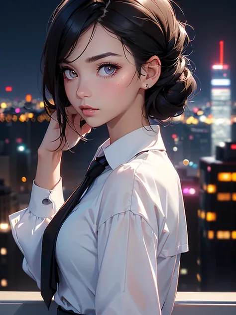 (masterpiece)(high resolution)(portrait)(face)(single 22-year old girl)(brown-black short hair)(twisty bun)(hair covering right side of face)(black pupils)(eyeliner)(long lashes)(shiny lip gloss)(stern)(elegant)(white office shirt with black necktie)(night...