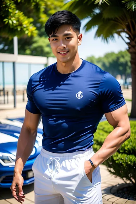 1 man, smile, (Wearing a white and navy blue, round neck, short sleeve football shirt.), Navy Cargo Pants, Young Korean , Korean Men, (High shadow detail), Pectoral muscles, Big arm muscles, blood vessel, Big muscles, Wide shoulders, looking at the audienc...