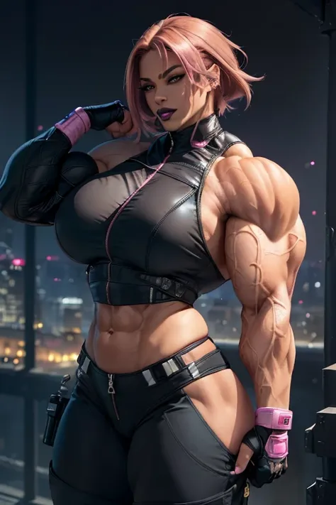 (((((Massive, tall, beautiful, buff, light brown skinned muscular woman with shocking pink hair, black lipstick, ginormous bulky muscles, wearing a half-zipped black Stealth suit with pants))))), close view, ((massive muscles)), massive biceps, hyper muscl...