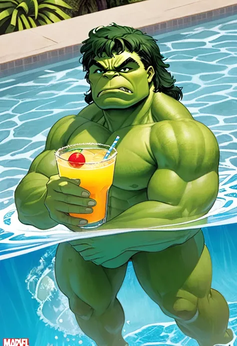 (marvels incredible hulk,tropical drinks:1.1,bermuda trunks) in a (pool,relaxing:1.1,floating:1.1) (best quality:1.2) with (vivid colors,sharp focus:1.1).