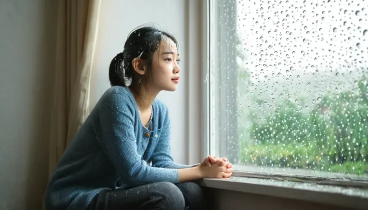 Young girl sitting sideways at the window in the room，Looking out the window，Leaves and raindrops hitting the window glass，The expression fell 。