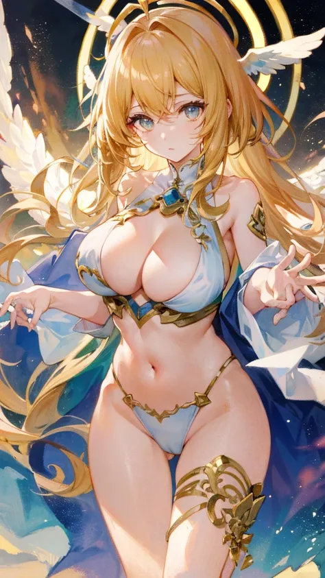 Anime star magic girl, magic , anime goddess, Wear a well-tailored garment, (((looking at camera)), There is a halo floating above my head, spread wings, Facial details, Halo and wings details, The art of detail, Soft colors, Natural light, Front view, Ult...