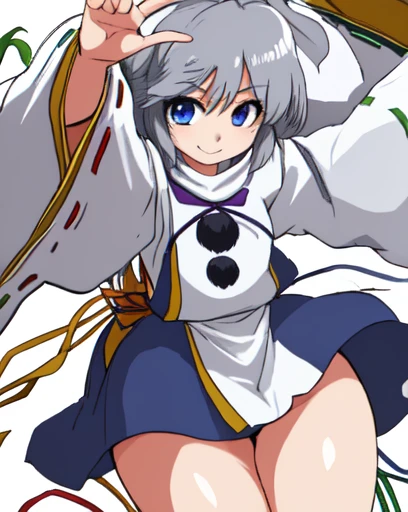 mononobe no futo, One Girl, Long sleeve, Sleeves edged with ribbon, Gray Hair, blue eyes, smile,
Underbust,  Medium Chest, feetを広げて,Butt,Thighs,Plump，milk,Underarm,Underbust，vapor，High Leg，Low Angle，crack，Ｏfeet,Gloss,Water Drop,