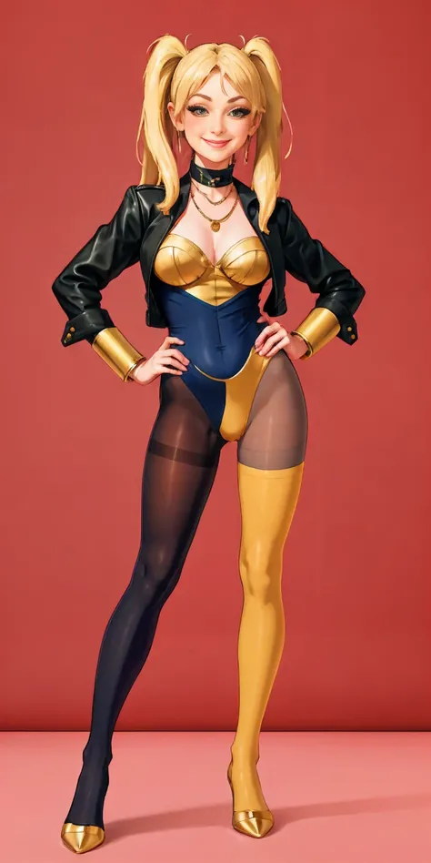 1solo Milf full body standing straight symmetrical, looking at viewer, hands on hips, twin drills twin tails, striped pantyhose, golden handcuffs on their hands with a black leather collar around the golden heart necklace, hands on hips, lustful smirking s...