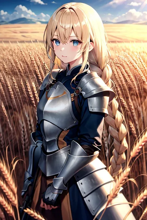 White clothes with blue trim、Blonde、blue eyes、Braided Hair、Hair in braids、Fair skin、The background is a wheat field、Shining wheat field、Daytime、Far and high sky、Hand guard、armor、long hair、