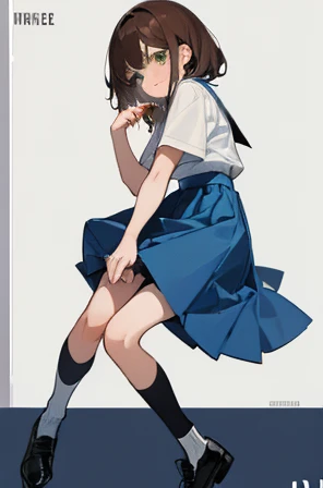 • a female student, 
-description: l
  >ong brown hair, 
  >green eyes, 
  >1.50 cm tall, 
  >15 years old, 
-wearing: 
  >white shirt, 
  >blue skirt, 
  >black shoes and white socks.