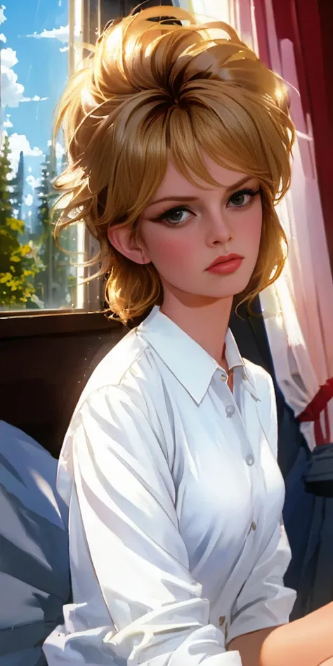 a Realistic Full Portrait of a Brigitte Bardot woman with long blonde hair and dark eye makeup, Beautiful, Detailed face, Perfect Eyes, (highly detailed skin:1.1), ((wearing a white shirt)), sitting on a bed, window, curtains waving, sunny sky outside the ...