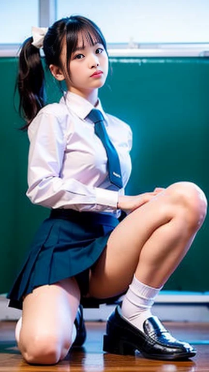 Thai, ponytail, white collared shirt, Long sleeve shirt,  necktie, pleated skirt, dark blue long skirt, white socks, black loafers,   Thighs look good, squatting down, open leg to side, showing her panties, white panties, panties shot, in class room.