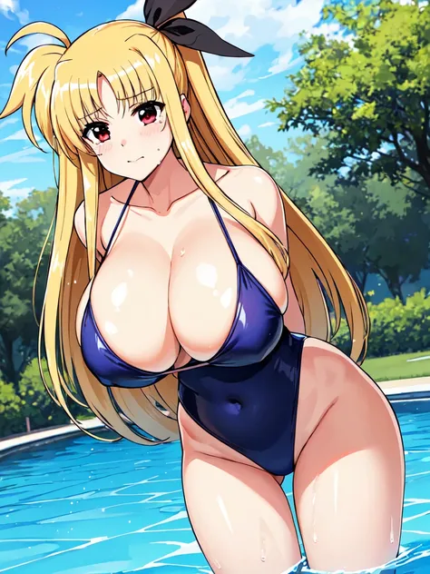 masterpiece,top-quality,fate testarossa harlaown,heroine of magical girl lyrical Nanoha,1girl,solo,blond hair,long hair, outside splash hair,red eyes,beauty,very huge breasts,narrow waist,bust size is 120cm over,crying,sexy,soaked,seductive anime girl, opp...