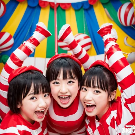 A group of Japanese girls kindergarteners in a circus tent, with twin clowns gradually transforming their partners costume into an enamel rubber suit. The enamel zentai suit is red and white striped, and the girls have wet and messy pregnant baby bumps. Th...