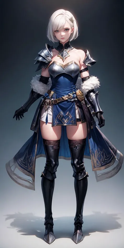 full body, def_effie, blue breastplate, blue skin, looking at viewer, shiny, armor, thigh highs, high boots, shoulder armor, faulds, poleyn, gloves, gauntlets