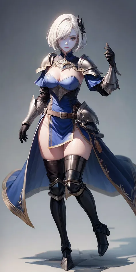 full body, def_effie, blue breastplate, blue skin, looking at viewer, shiny, armor, thigh highs, high boots, shoulder armor, faulds, poleyn, gloves, gauntlets