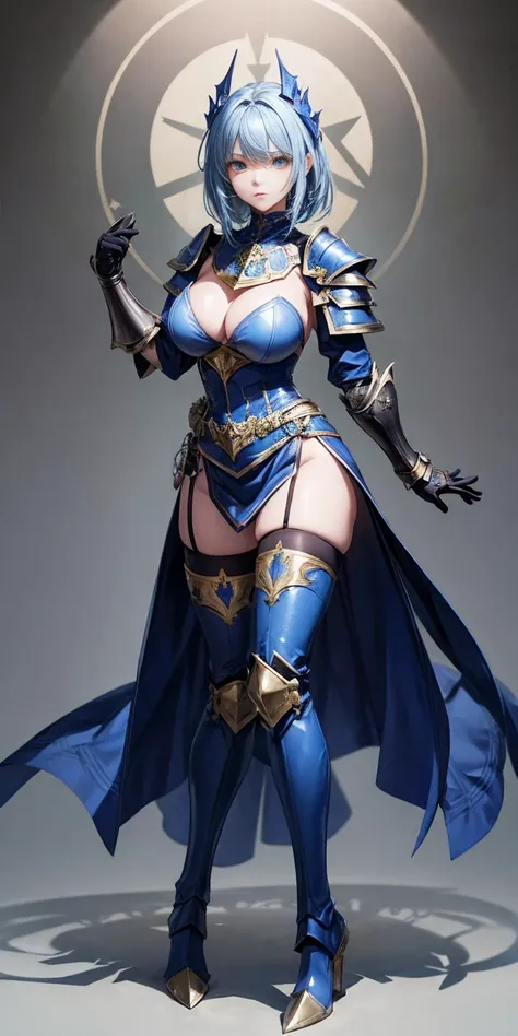 full body, blue breastplate, blue skin, looking at viewer, shiny, armor, thigh highs, high boots, shoulder armor, faulds, poleyn, gloves, gauntlets