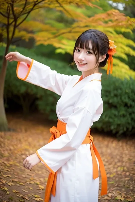 A girl in an old Japanese park with beautiful autumn leaves,Long-sleeved white hakama and orange hakama in the style of a furisode,Orange hair string ribbon,18-year-old,bangs,Smile a little,knees,From below