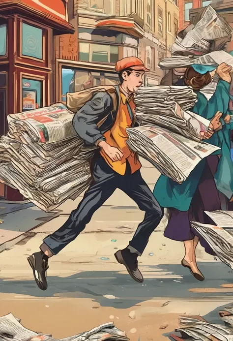 (best quality, 4k, high resolution, masterpiece: 1.2), ultra-detailed, ((newsboy running after flying newspapers, trying to catch them:1.7)), vibrant colors, film noir, energetic movement, expressive faces, newspapers flying everywhere, leftover newspapers...