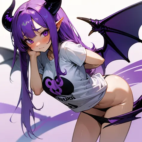 Young succubus. Horns. No wings. Shy. Blush. Teenage. Purple hair.  Large . Panties. T shirt