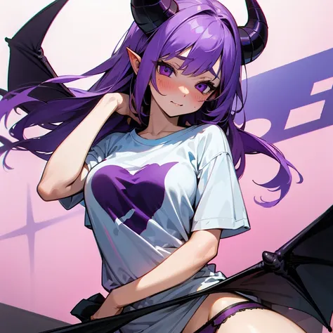 Young succubus. Horns. No wings. Shy. Blush. Teenage. Purple hair.  Large . Panties. T shirt