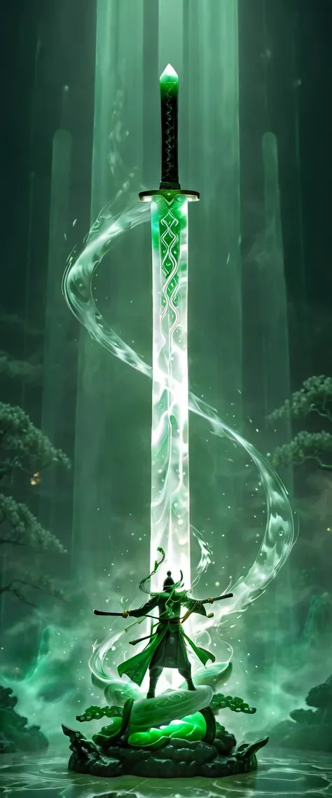 A sword，whole body:1.5，Hanging in the air，Dazzling green jade sword，White smoke on the starry sky background, Great writing, Shining jade sword，light and shadow magic