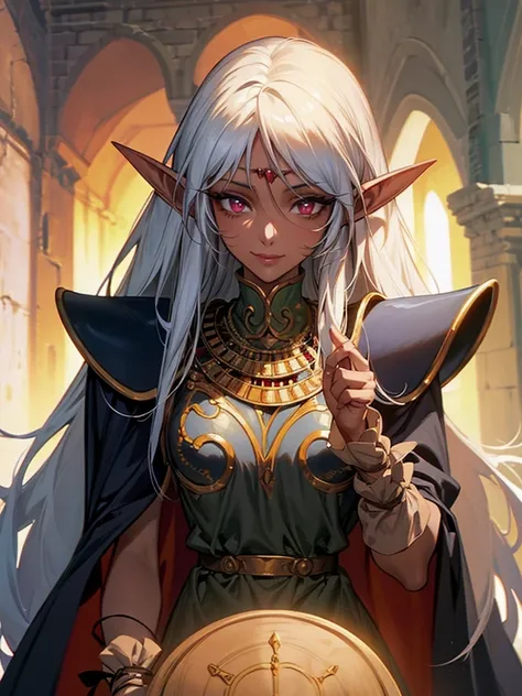 an elf woman, very dark tanned skin, beautiful silver hair, pointed ears, beautiful red eyes, pink lips, staring at the viewer, ...